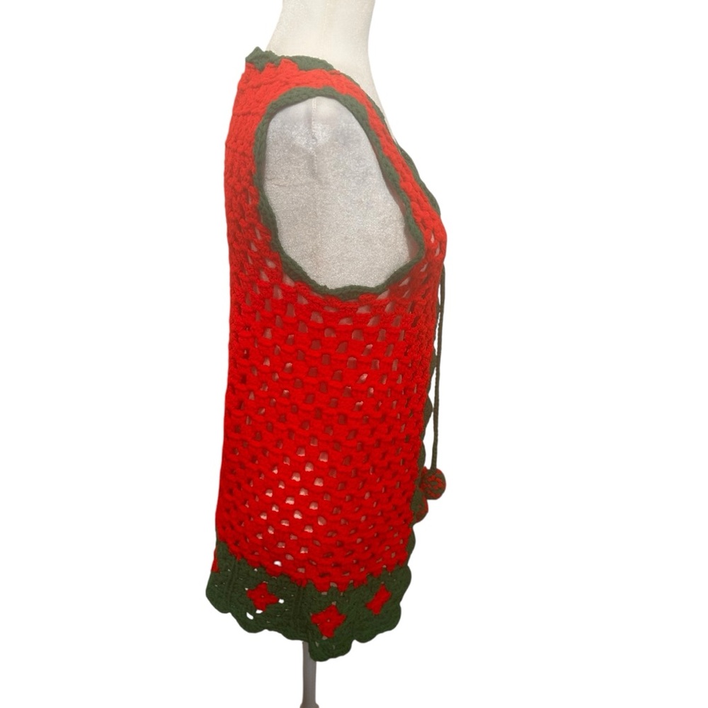 Christmas crochet vest red green size medium handmade holiday open stitch W/tie - Picture 5 of 11
